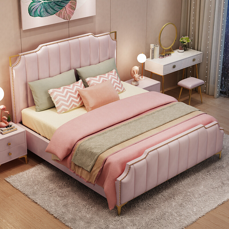 Italian light luxury girl bed children's pink princess leather bed modern Nordic minimalist double wedding bed master bedroom furniture A