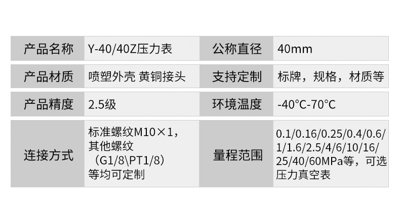 Thượng Hải Yichuan Y-40 Y-40Z đồng hồ đo áp suất xuyên tâm đường kính trục 40mm Nhận xét ren 1/8 hoặc M10 * 1