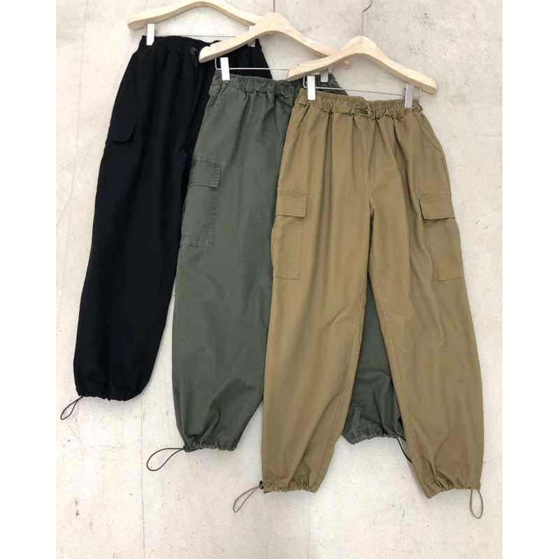 2020 autumn new loose pocket casual pants drawstring elastic waist waist overalls women's nine-point pants