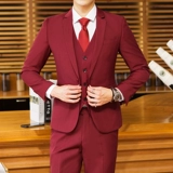 Мужской комплект, пиджак классического кроя для отдыха, бордовый костюм, свадебное платье, 3 предмета, облегающий крой