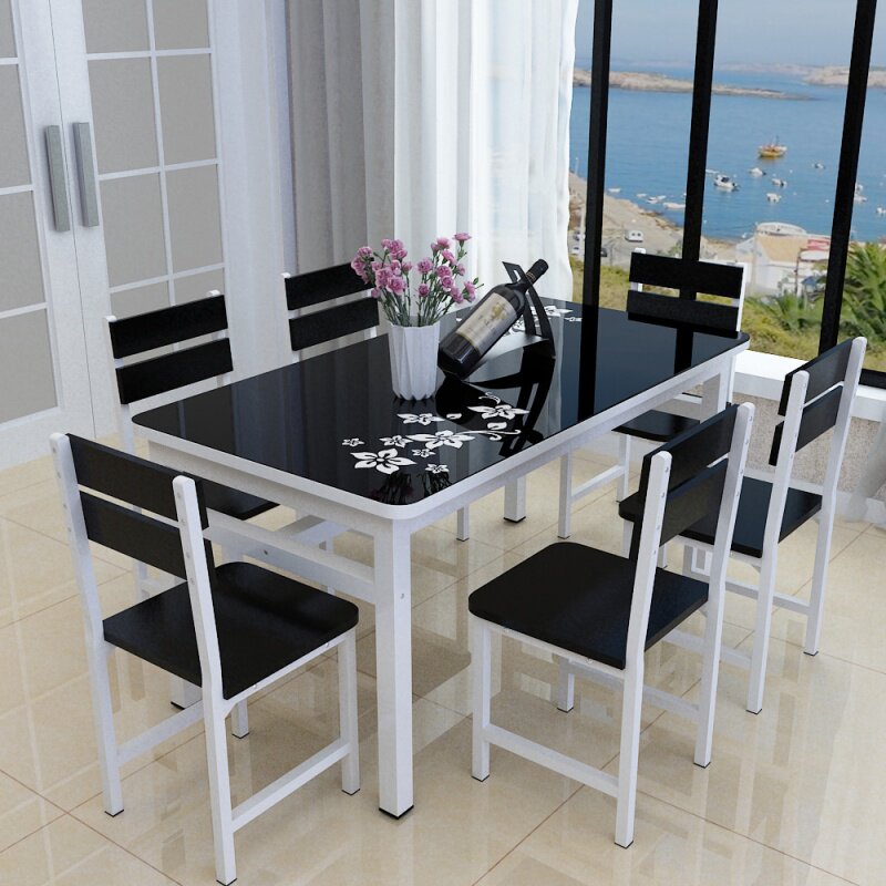 Dining table Tempered glass Simple modern small apartment paint dining table and chair combination Dining room creative rectangular dining table