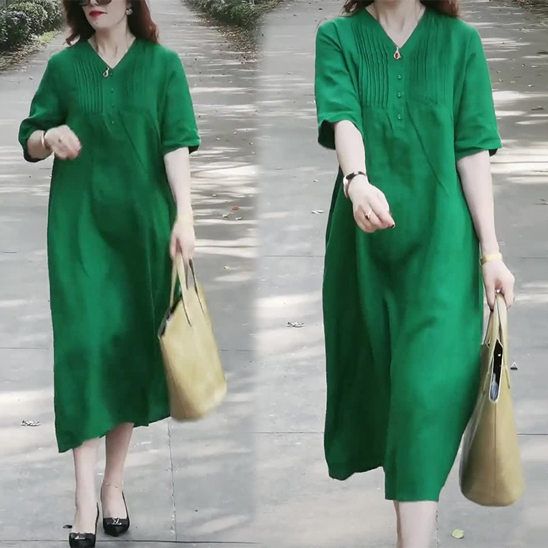 Green High-End Cotton and Linen Dress for Women, Summer 2025 New Style, Loose and Slimming, Mid-Length, Elegant Linen Dress