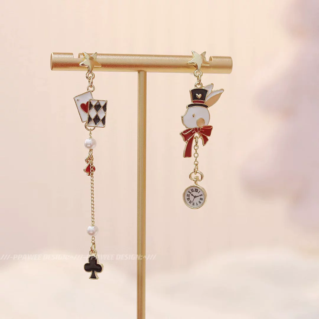Earrings, asymmetrical rabbit with tassels, cute ear clips