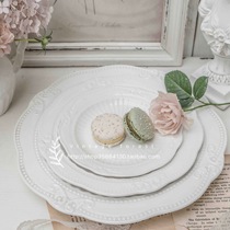 Vintage Baroque relief white ceramic plate Household plate Wedding floral plate Dessert steak plate Western food