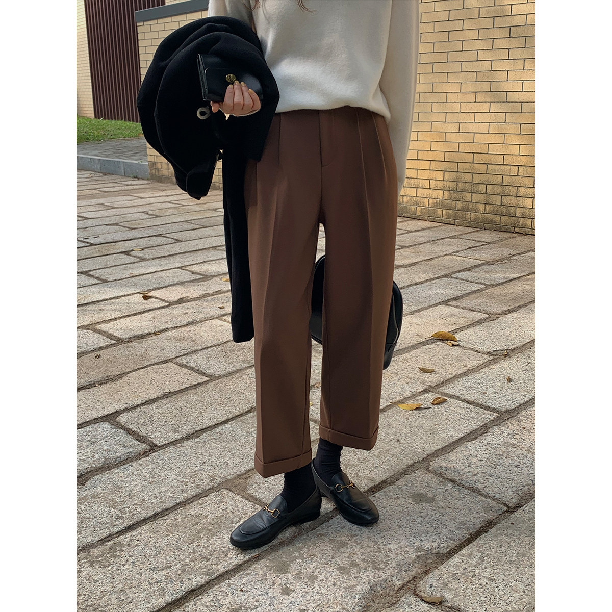 5siss plus velvet warm high waist slim straight nine-point casual pants women's small all-match wide-leg pants long pants