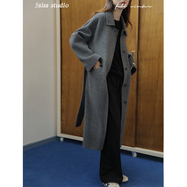 5siss 2021 gray double-sided cashmere coat womens long woolen waist lace-up loose woolen wool jacket