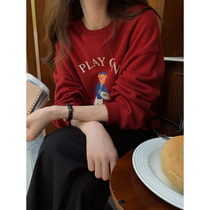 5siss Korean family ins printed plus suede sweatshirt woman 2022 Winter new loose round collar sleeve head long sleeve blouse