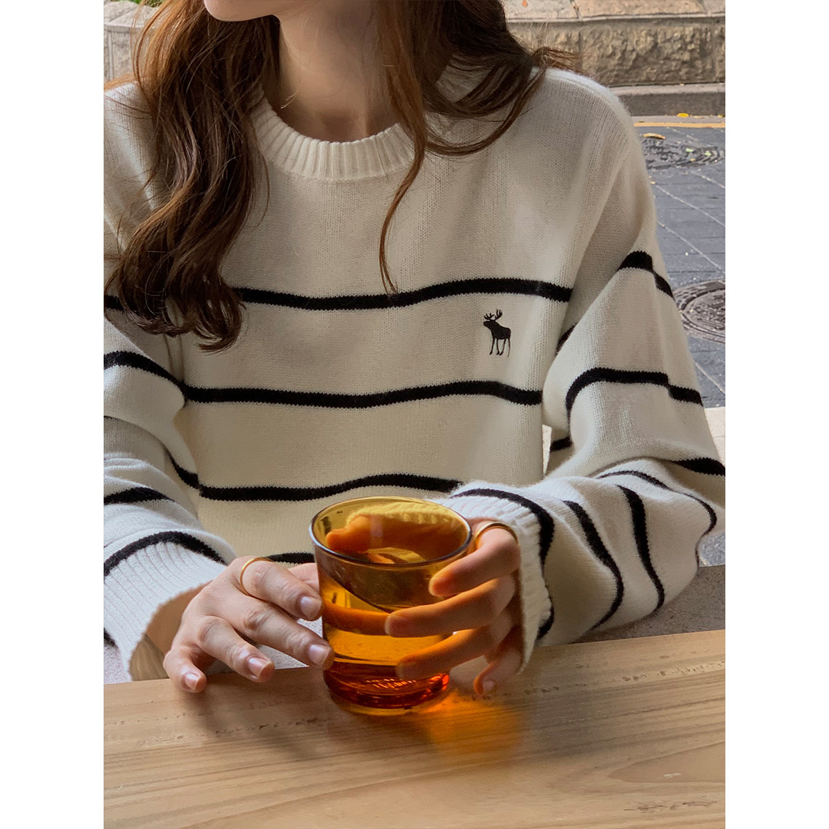 5siss retro contrast color striped knitted sweater women 2022 autumn and winter new deer embroidery round neck pure wool sweater