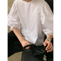 5SISS white T-shirt female cotton loose 2020 Summer bubble sleeve retro top female ins Super fire tide