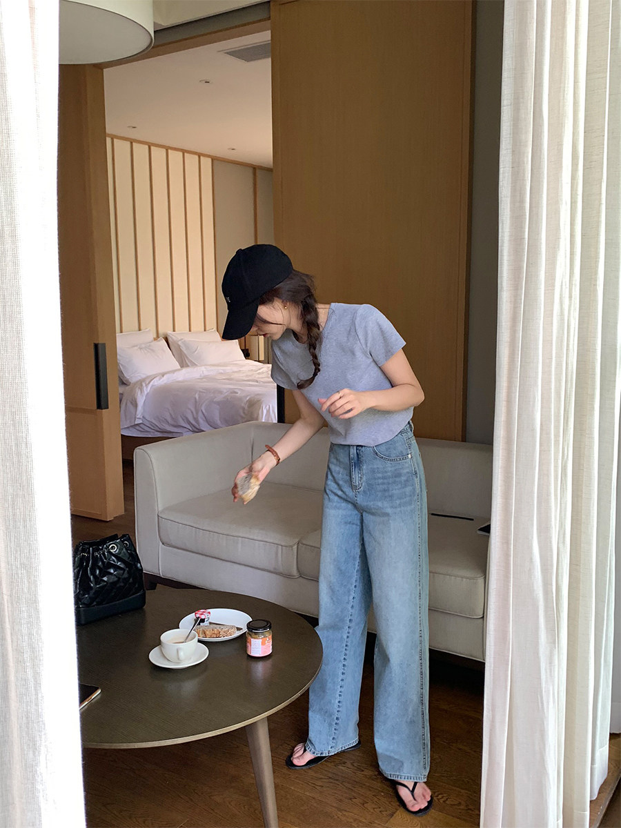 5siss old retro washed blue jeans women's summer Korean version high waist straight pants slim mopping pants small man