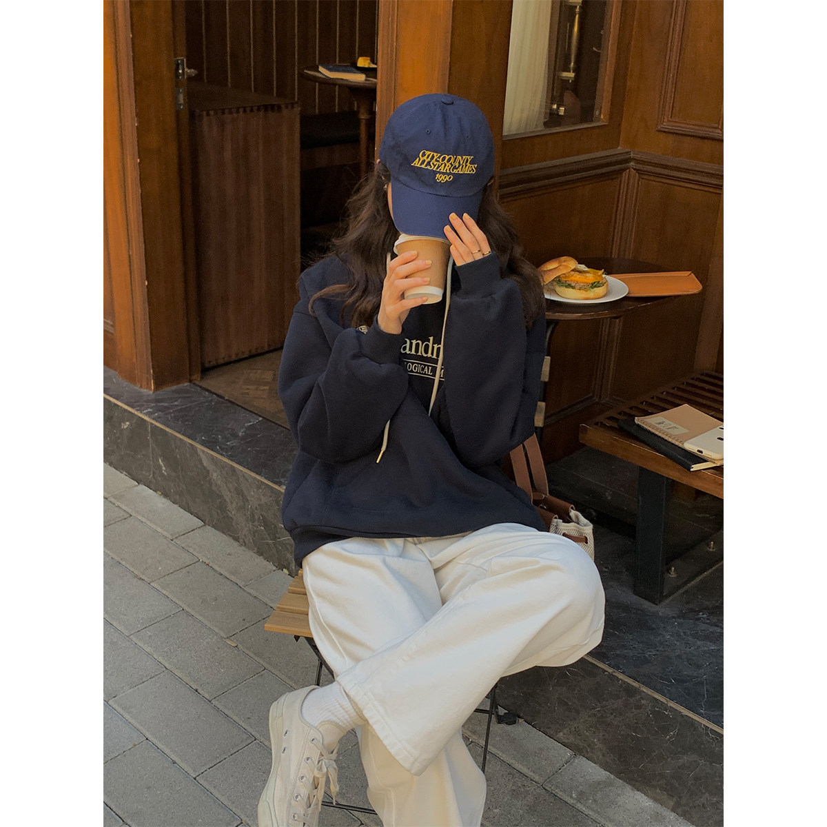 5siss Hong Kong style niche design letter print pullover hooded sweater women's all-match casual fleece top trendy