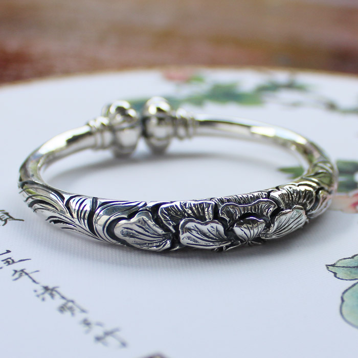 Guquan Silver Family Pumpkin Peony Bracelet Foot Silver 999 Pure Silver Handmade Retro Bracelet Sub Yunnan Snowflake Silver Custom Silver