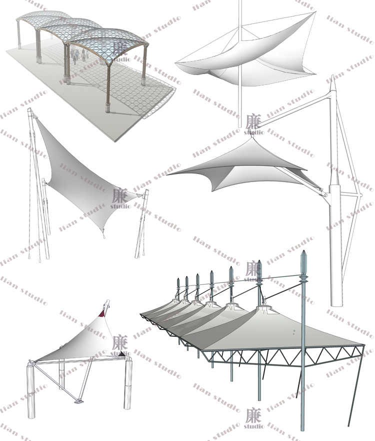 T27户外园林钢结构玻璃雨棚伸张拉膜遮阳棚帐篷SU/SKP草图...-5