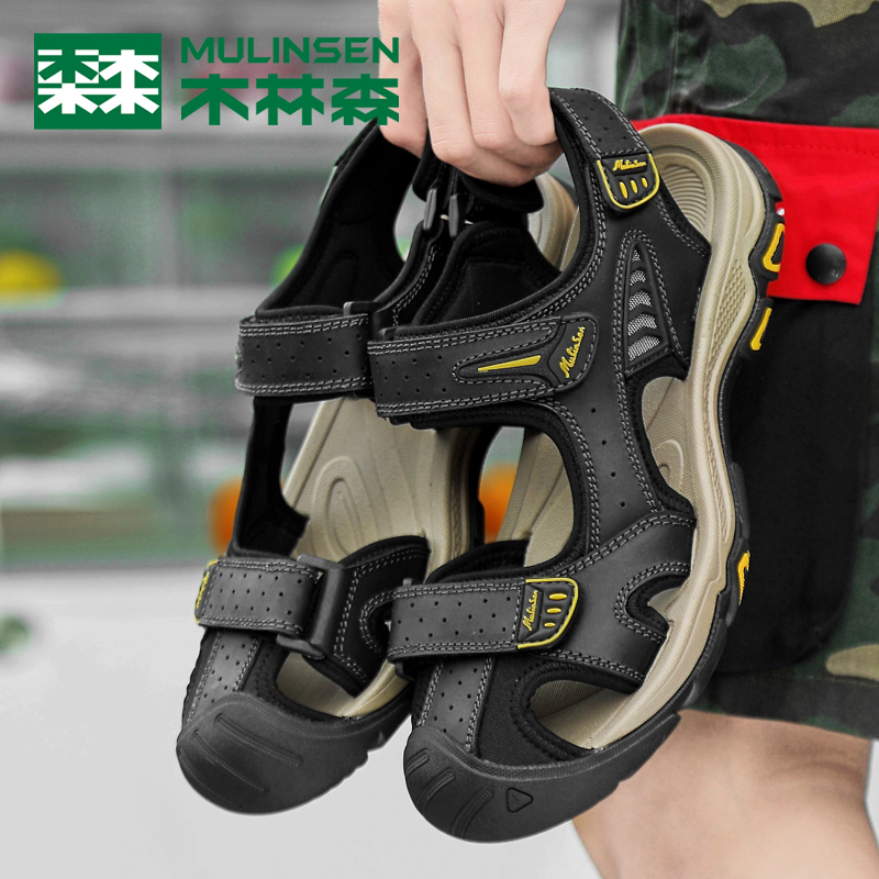 Wood Linson Official Flagship Store Sandals Summer Baotou Magic Sticker Beach Shoes Men's Shoes Leather Middle Aged Dad Shoes