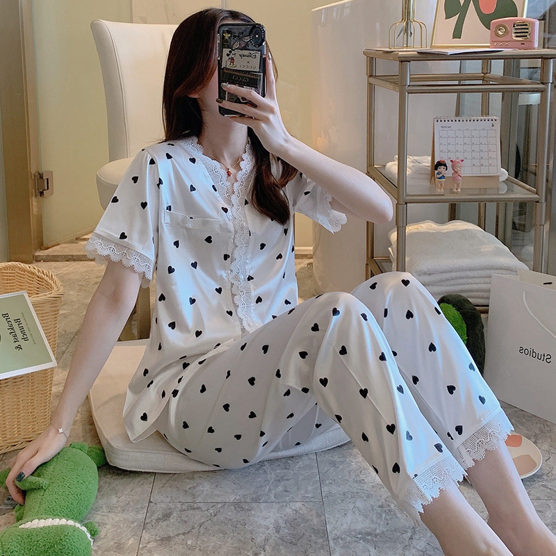 Lady's pajamas summer thin ice silk short sleeve long trousers home suit spring and autumn silk network red blowout two pieces