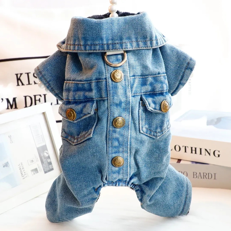 Dog Clothes Autumn and Winter Thick Soft Washed Denim Traction Cotton Coat Small Dog Teddy Bichon Pet 4928