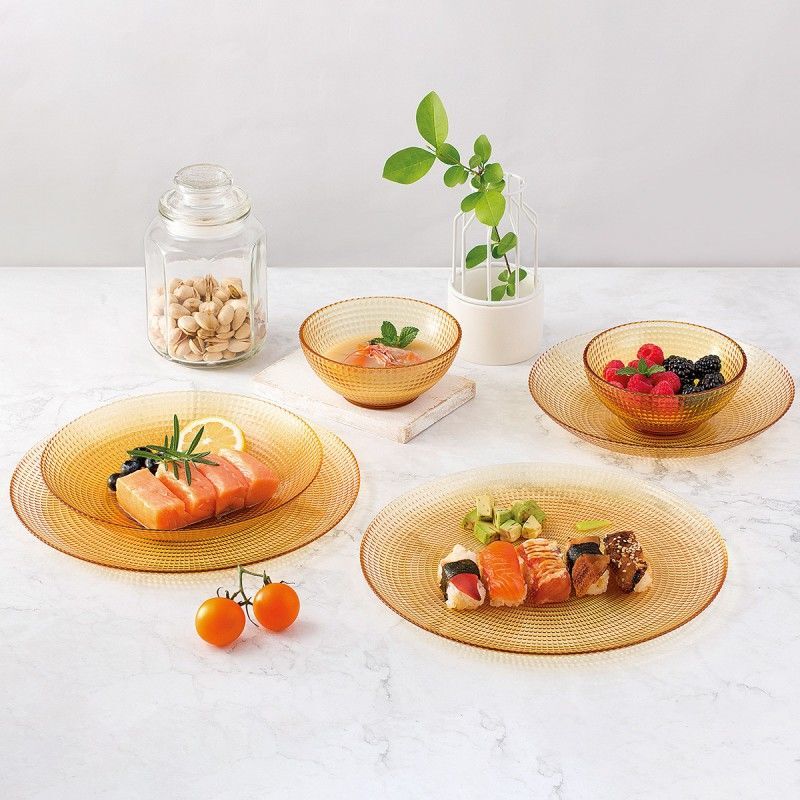 Corning Crystal Series Amber Turkish Polka Dot Tableware 6/8 Piece Set Rice Bowls and Plates