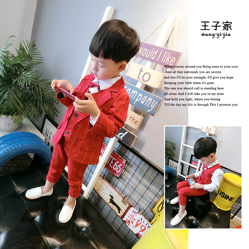 Red suit Boy Child Men's Little West Suit Age Dress for Men's Baby Birthday Spring Autumn Flowers