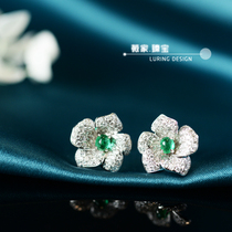 Weijia Camellia natural gemstone emerald group with diamond torus 18k platinum earrings