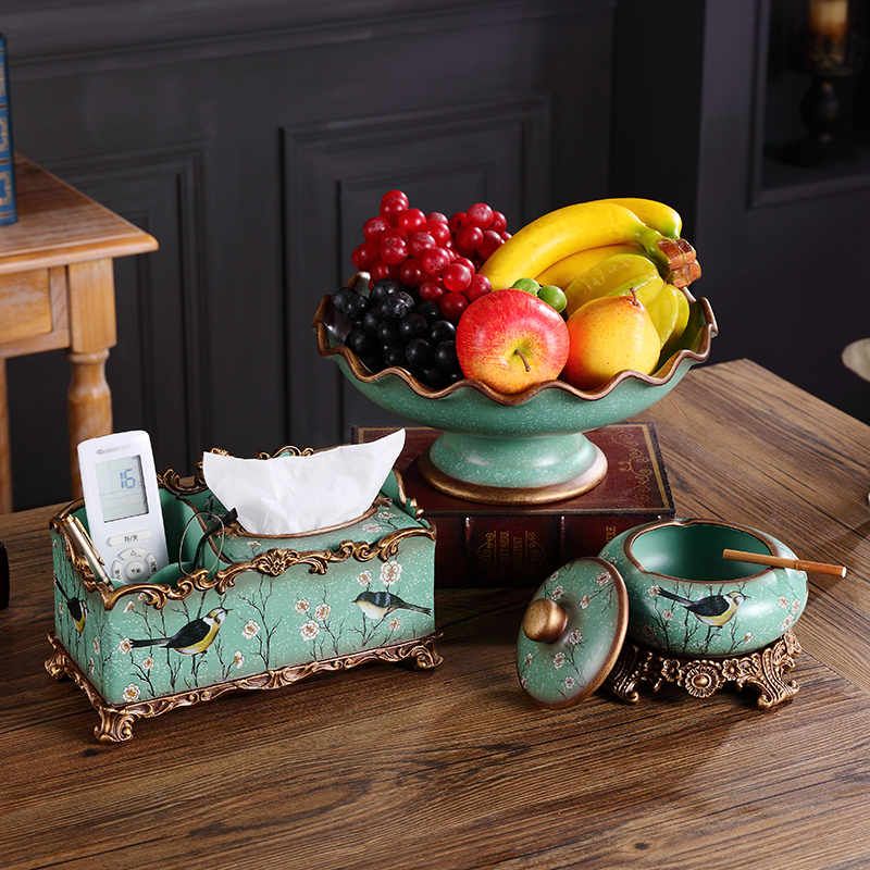 American-Style Fruit Plate Set, Luxurious Home Living Room Coffee Table Tissue Box Decoration, Household European-Style Fruit Plate Three-Piece Set