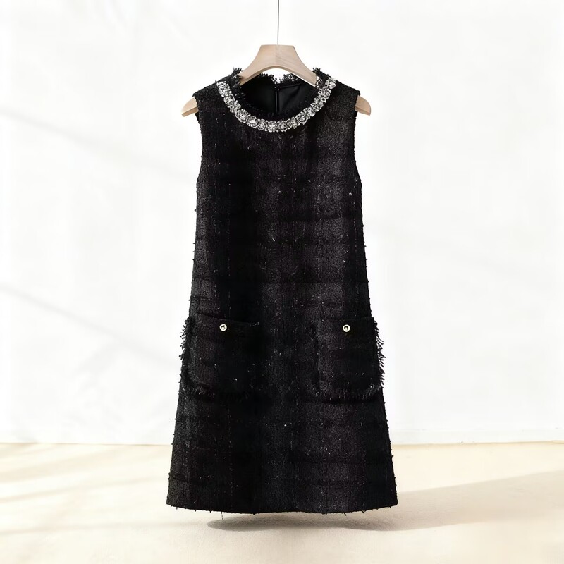 2025 Autumn/Winter New Hot-Selling Tweed Sleeveless Dress for Women with Pockets and Beaded Embellishments, Heavy Craftsmanship, Straight Skirt for Women