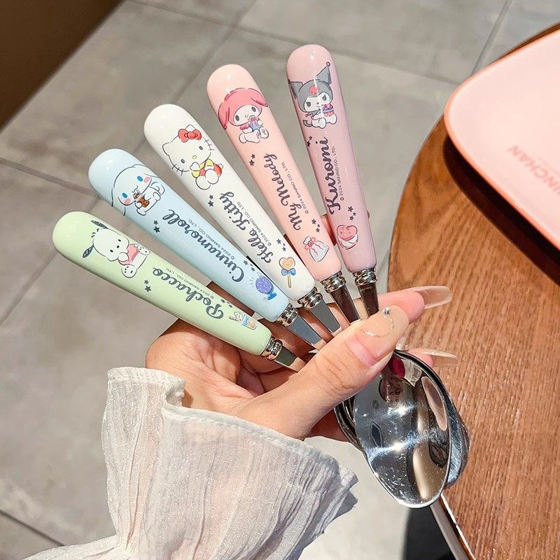 Sanrio Ceramic Handle Spoon 304 Stainless Steel Cartoon Kuromi Children's Noodle Fork Cutlery Set