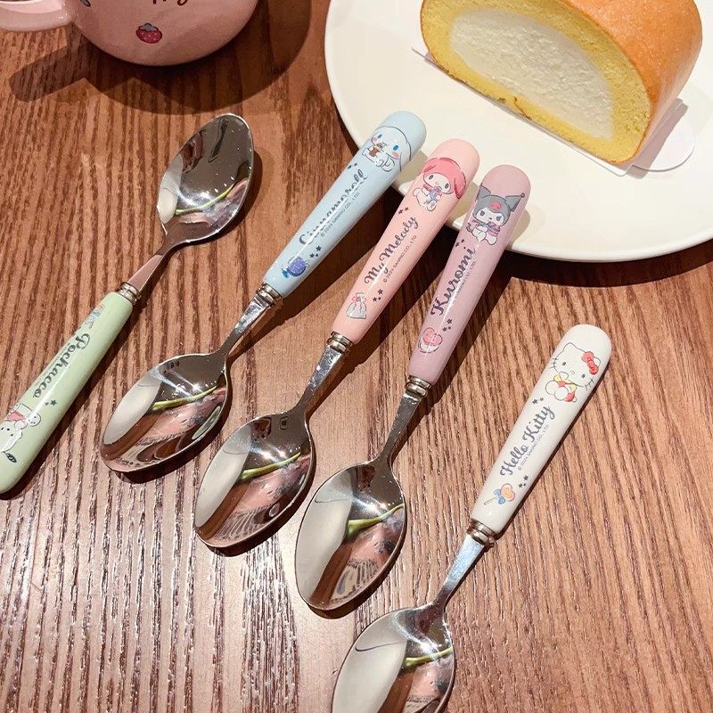 Sanrio Ceramic Handle Spoon 304 Stainless Steel Cartoon Kuromi Children's Noodle Fork Cutlery Set