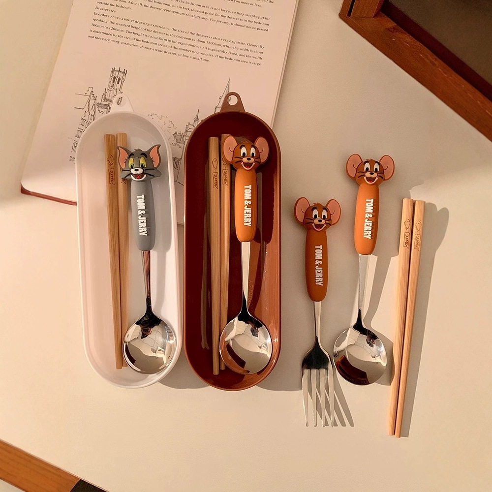 Tom and Jerry Spoon and Fork Co-Branded Tableware 304 Stainless Steel Food-Grade Spoon, Fork, and Chopstick Set for Children