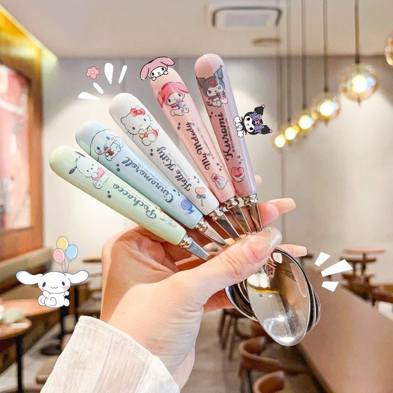 Sanrio Ceramic Handle Spoon 304 Stainless Steel Cartoon Kuromi Children's Noodle Fork Cutlery Set