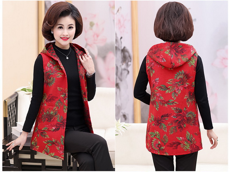 Phụ nữ trung niên mùa xuân và mùa thu mỏng vest trong phần dài của mẹ tải vest kích thước lớn áo vest hoa là áo khoác mỏng áo kiểu trung niên hàn quốc