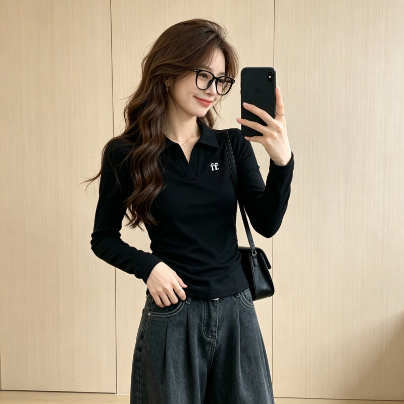 College Style Black Polo Shirt Long-Sleeved T-Shirt for Women in Autum, Right-Shoulder Slim Fit, Korean Style, Versatile Casual Lapel Top
