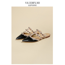 V home rivet slippers female summer wear net red half head sandals fashion sandals female fairy pointed flat leather