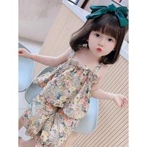 Girl harness snow spinning suit 2021 Summer new Korean version female baby crushed flowers light and thin two sets of childrens childrens clothes