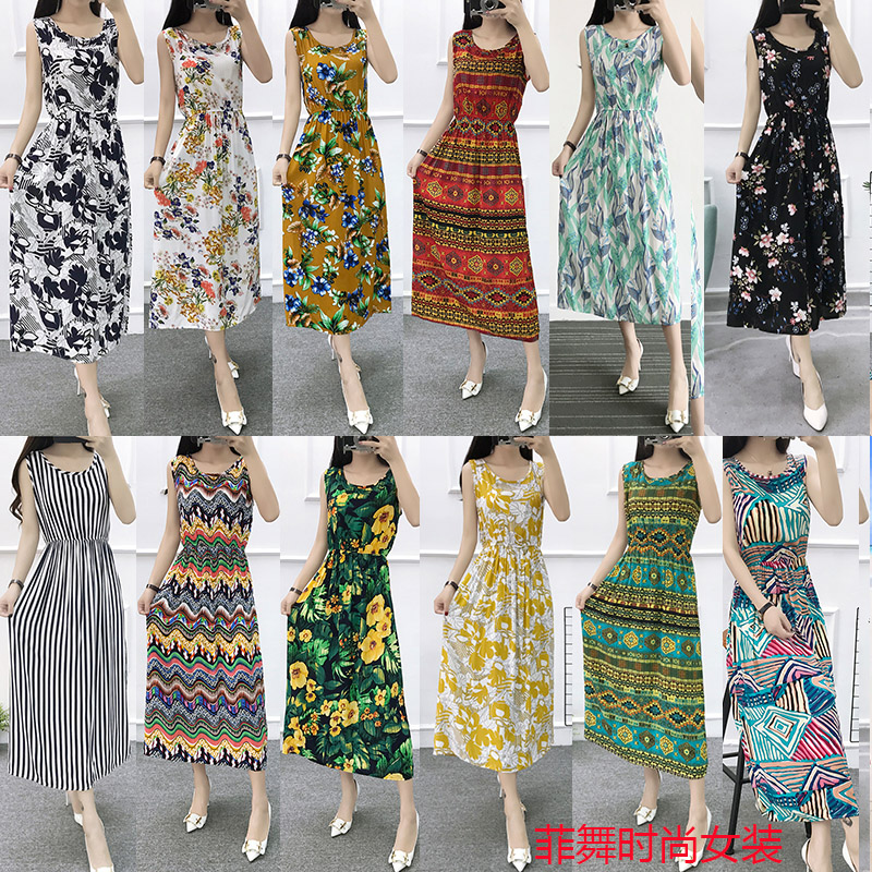 Mùa hè cotton silk dress vest dress hoa nữ bãi biển váy kỳ nghỉ bên bờ biển bohemian cotton silk dress