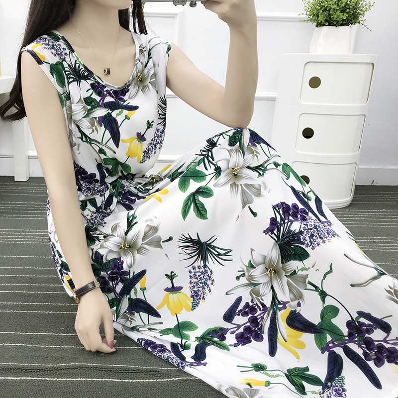 Mùa hè cotton silk dress vest dress hoa nữ bãi biển váy kỳ nghỉ bên bờ biển bohemian cotton silk dress