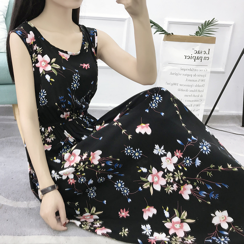 Mùa hè cotton silk dress vest dress hoa nữ bãi biển váy kỳ nghỉ bên bờ biển bohemian cotton silk dress