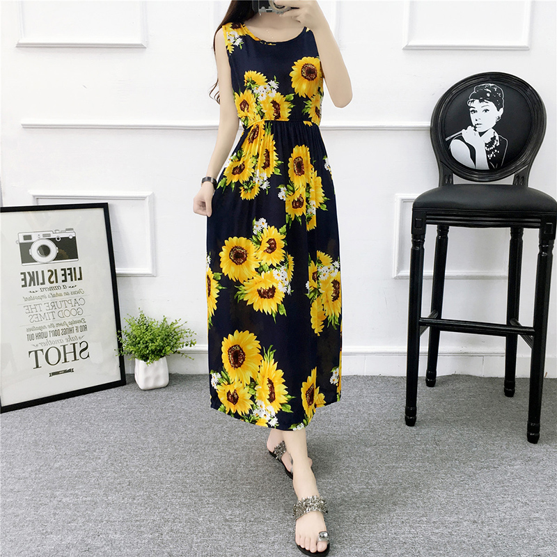 Mùa hè cotton silk dress vest dress hoa nữ bãi biển váy kỳ nghỉ bên bờ biển bohemian cotton silk dress