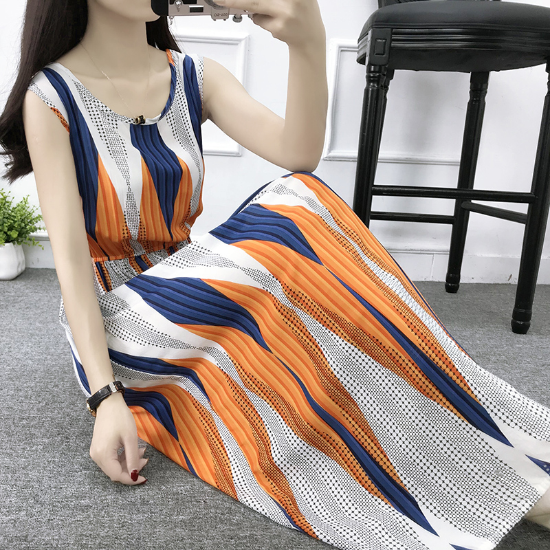 Mùa hè cotton silk dress vest dress hoa nữ bãi biển váy kỳ nghỉ bên bờ biển bohemian cotton silk dress