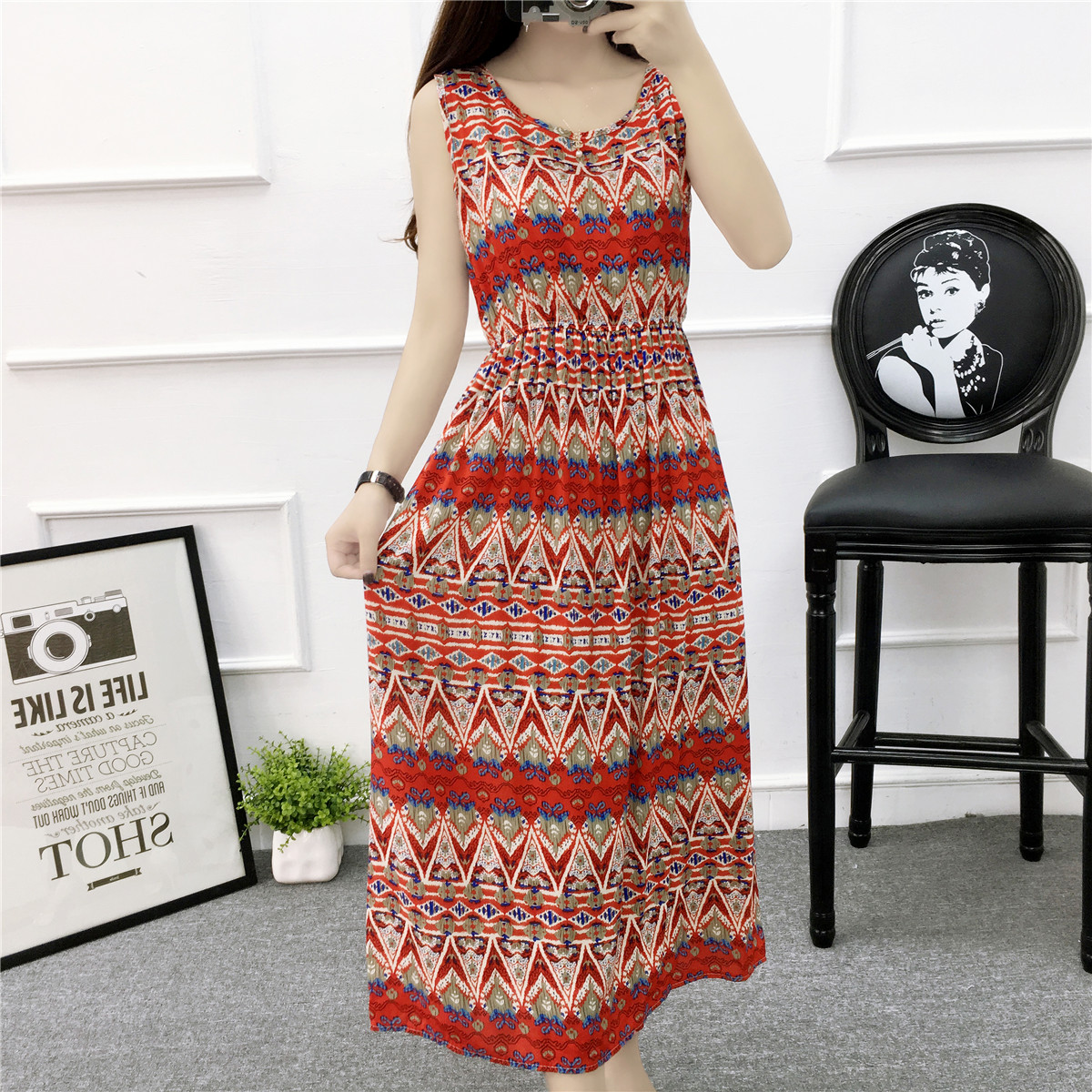 Mùa hè cotton silk dress vest dress hoa nữ bãi biển váy kỳ nghỉ bên bờ biển bohemian cotton silk dress