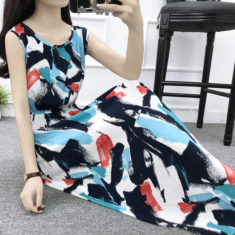 Mùa hè cotton silk dress vest dress hoa nữ bãi biển váy kỳ nghỉ bên bờ biển bohemian cotton silk dress