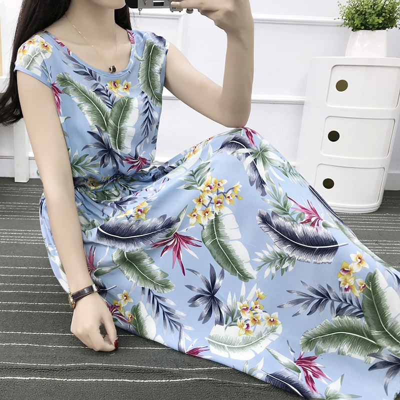 Mùa hè cotton silk dress vest dress hoa nữ bãi biển váy kỳ nghỉ bên bờ biển bohemian cotton silk dress