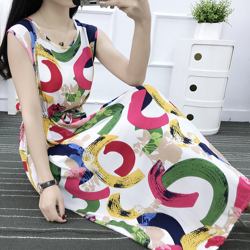 Mùa hè cotton silk dress vest dress hoa nữ bãi biển váy kỳ nghỉ bên bờ biển bohemian cotton silk dress