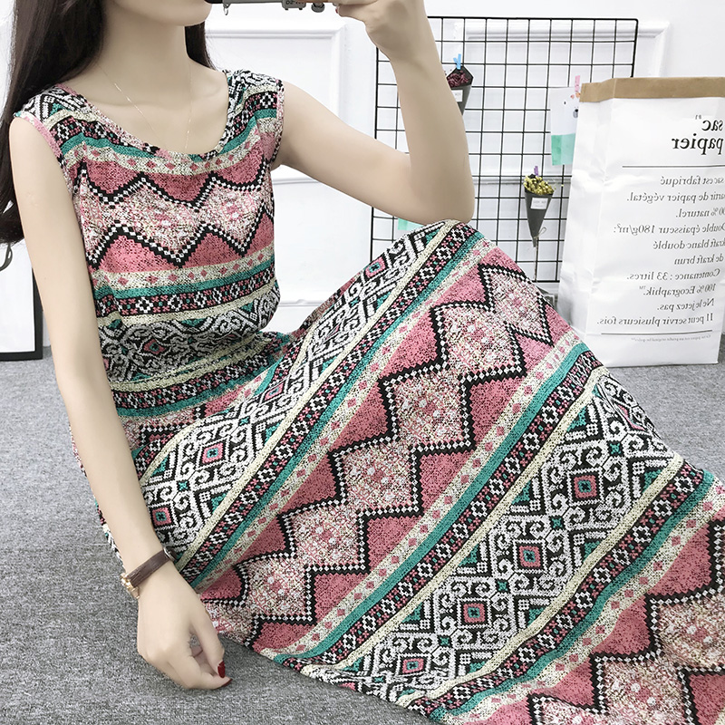 Mùa hè cotton silk dress vest dress hoa nữ bãi biển váy kỳ nghỉ bên bờ biển bohemian cotton silk dress