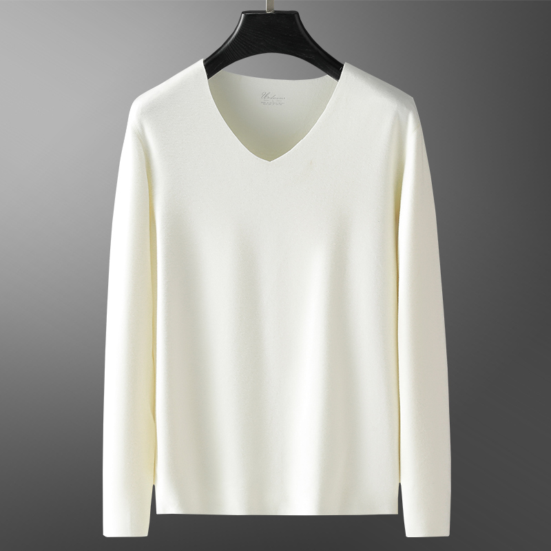 Feather Protein Velvet Thermal Underwear for Men, Winter Fleece-Lined Autumn Shirt, V-Neck Long-Sleeve T-Shirt, Seamless White Base Layer