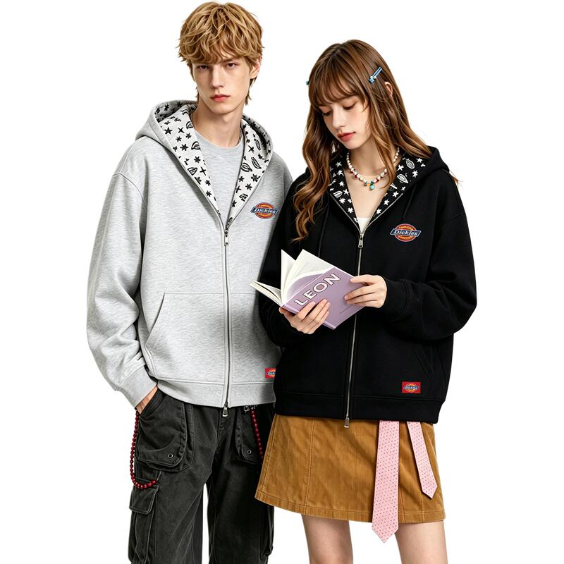 Dickies American Retro Embroidered Double Zipper Hooded Jacket Couple Casual Work Clothing Sports Cardigan Sweatshirt