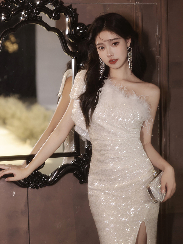 White Annual Meeting Evening Dress for Women 2024 New Style High-End Autumn and Winter Host Mermaid Dress Light Luxury Niche High-End White Annual Meeting Evening Dress for Women 2024 New Style High-End Autumn and Winter Host Mermaid Dress Light Luxury Niche High-End
