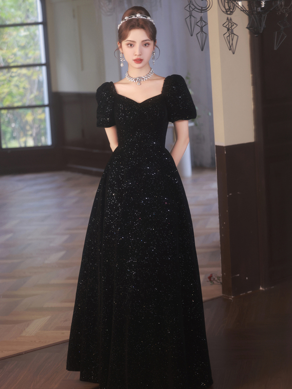 Black Hepburn-Style French Socialite Elegant Light Luxury Niche Performance Dress Adult Ceremony Banquet Host Evening Dress for Women