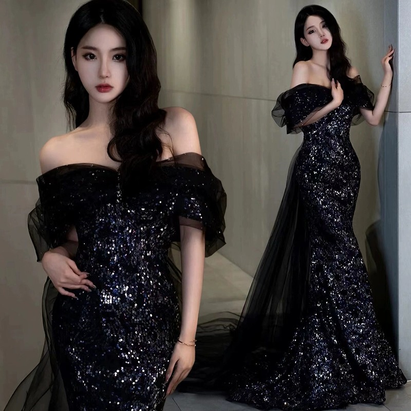 Black High-End Evening Dress 2024 New Model for Annual Meeting Host, Off-Shoulder Sequin Mermaid Gown for Piano Performance, Long Dress