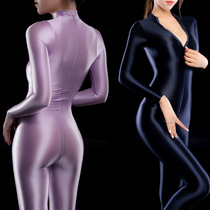 Naked Wear Glossy Long Sleeves Conjoined Pants Slim Slim Silk Slip Yoga Bodysuit Colorful Zipper Open Gear Tight Fit Clothes Woman