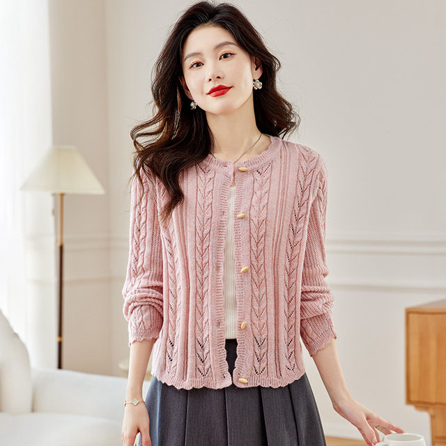 Spring Hollow Thin Knitted Cardigan Women's Short Spring Clothing 2024 New Long Sleeve Shawl Jacket Spring and Autumn